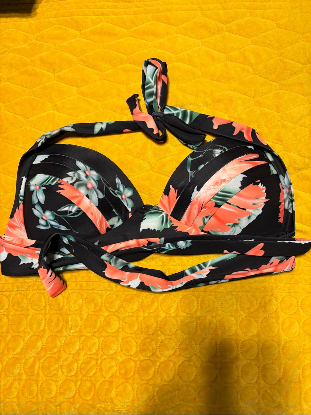 Cocoship XL Black Floral Halter Swim Top with Coral Accents #9